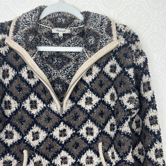 Madewell Popover Sweater Sweatshirt Teddy Design Quarter Zip Taupe Navy Blue - Picture 8 of 10